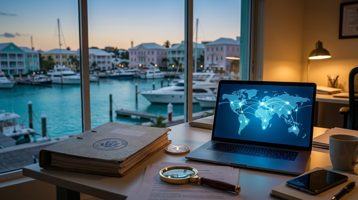 Compliance desk overlooking a Caribbean harbour at dusk, with a laptop showing a world map of financial connections, a regulatory binder and a magnifying glass